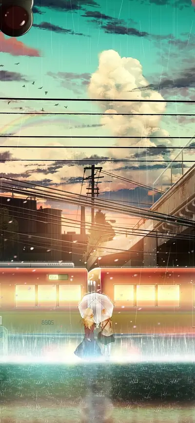 Two girls under umbrella during a rainy day at the station