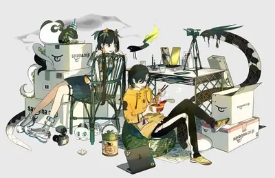 Two girls unpacking boxes with fantastical creatures