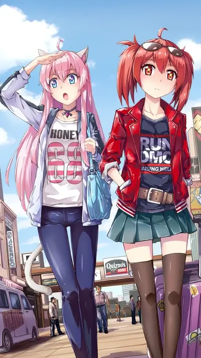 Two girls walking down the street