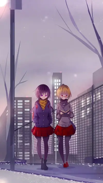 Two girls walking, dressed in school uniforms, near buildings and trees