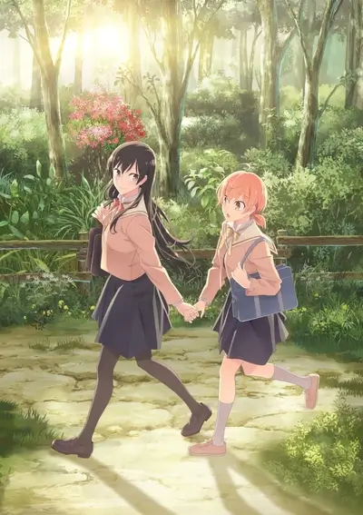 Two girls walking hand in hand through a forest