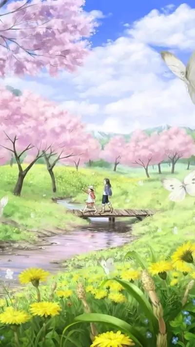 Two girls walking on a bridge in a spring landscape