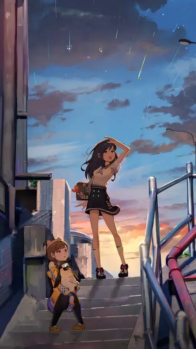 Two girls watching the night sky and meteor shower in the city