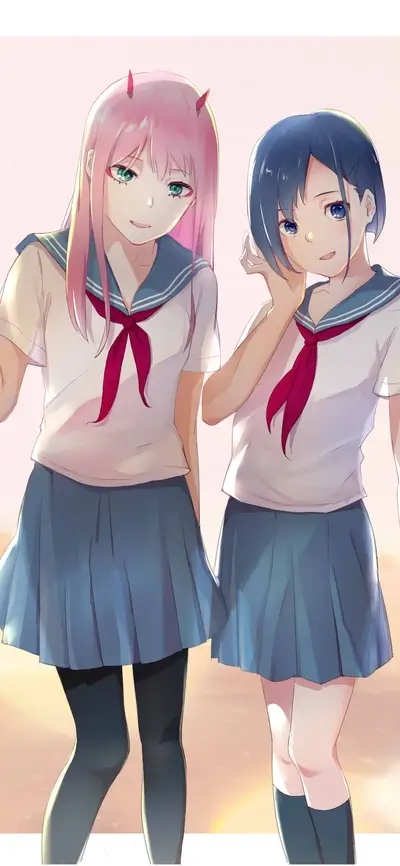 Two girls wearing school uniforms, pink and blue hair