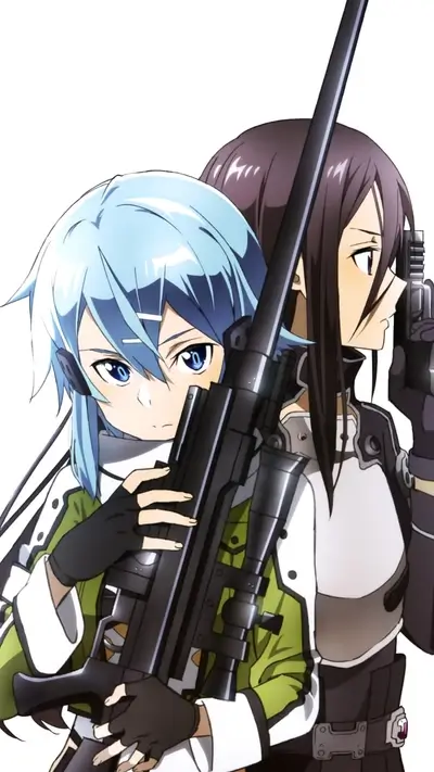 Two girls with a large rifle