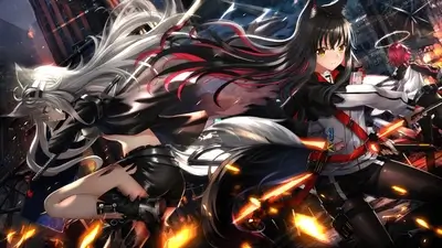 Two girls with cat ears fighting in a city