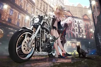 Two girls with cat ears on a motorcycle in a city
