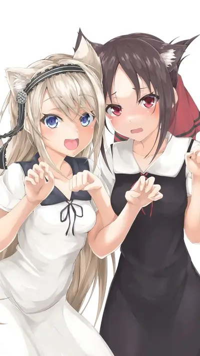 Two girls with cat ears, one in white, one in black