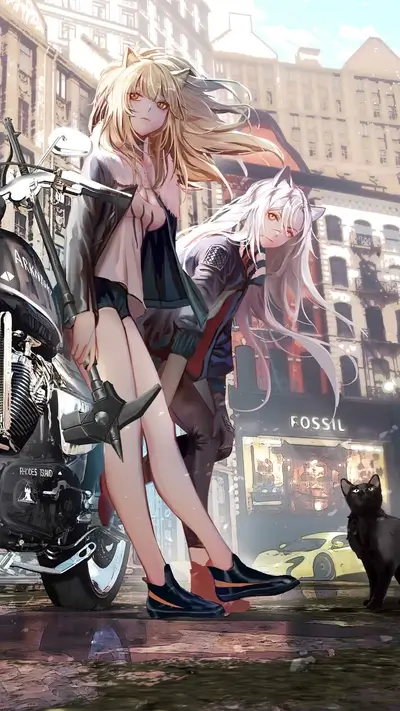 Two girls with cat ears stand with a motorcycle