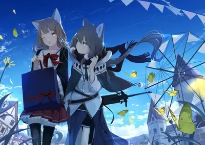 Two girls with cat ears standing in front of a windmill and buildings