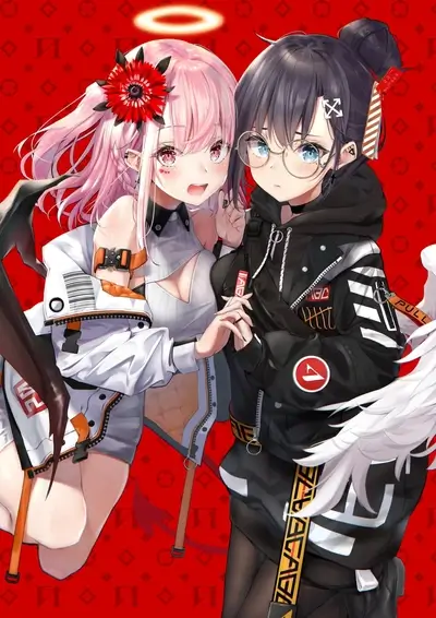Two girls with contrasting styles, one with devil wings and halo