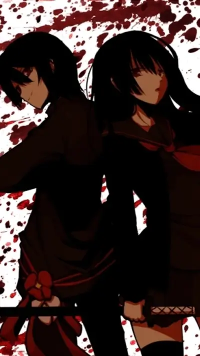Two girls with swords, blood splatters
