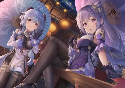 Two girls with umbrellas under a starry sky