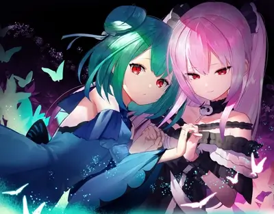 Two girls with vibrant hair, holding hands