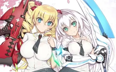 Two girls with weapons, one blonde and one white-haired