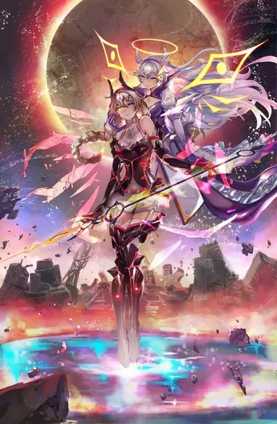 Two girls with wings and weapons in a destroyed city
