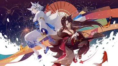 Two kitsune girls in traditional Japanese attire, celebrating fireworks