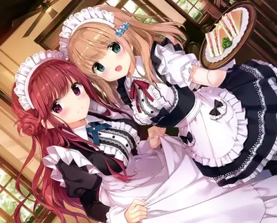 Two maids in a cafe, one holding a club sandwich