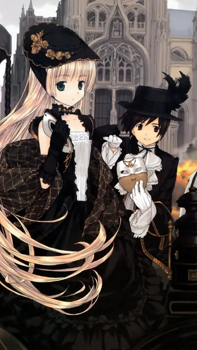 Two masked individuals standing before a grand building