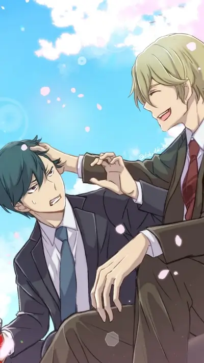 Two men in suits, under a cherry blossom sky