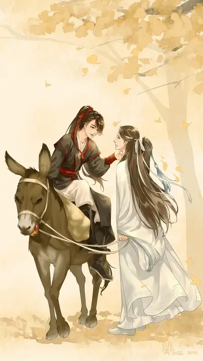 Two men in traditional Chinese clothing, one riding a donkey