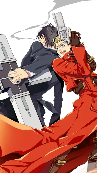 Two men, one with a gun, the other with a cross-shaped shield