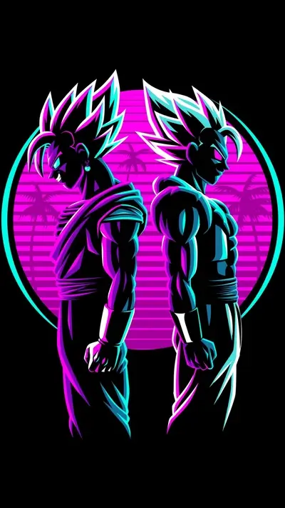 Two muscular anime characters with glowing hair stand back to back