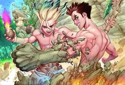 Two muscular men fighting, one with a glowing object