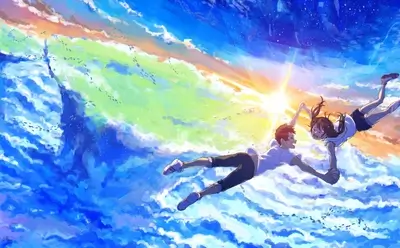 Two people are floating or falling with hands joined in colorful sky