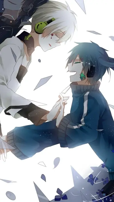 Two people smiling and reaching for each other, shattered glass fragments falling around them