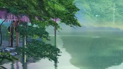 Two people standing under gazebo during rain near lake