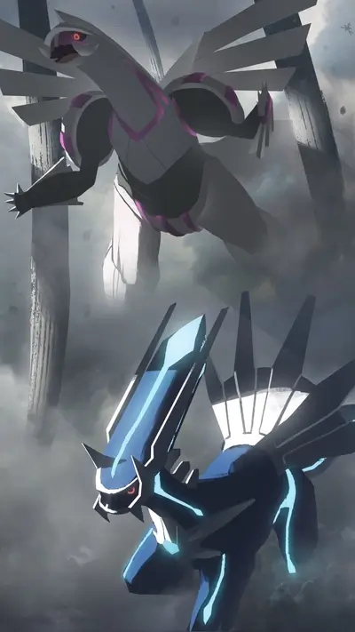 Two Pokémon Dialga and Palkia, in cloudy, atmospheric scene, fantasy world