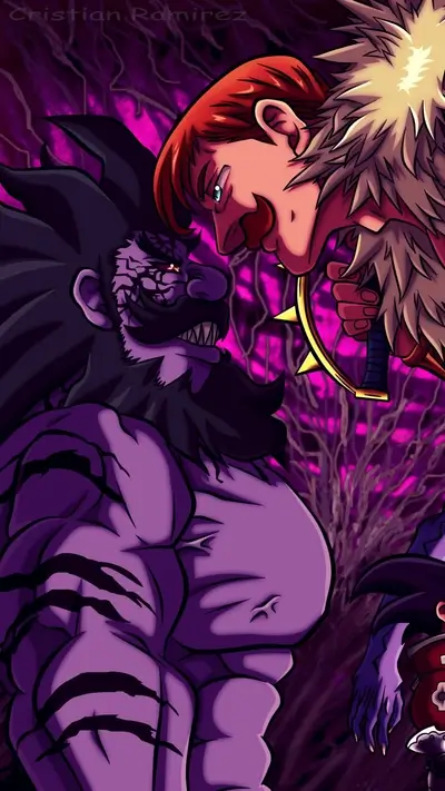 Two powerful figures face off, one purple, one red-haired