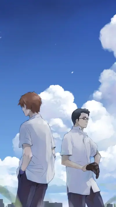 Two schoolboys standing back to back under a blue sky