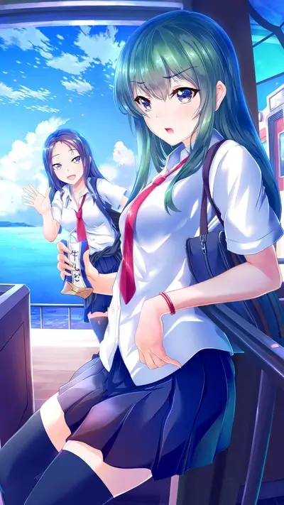 Two schoolgirls at a seaside station, one waving
