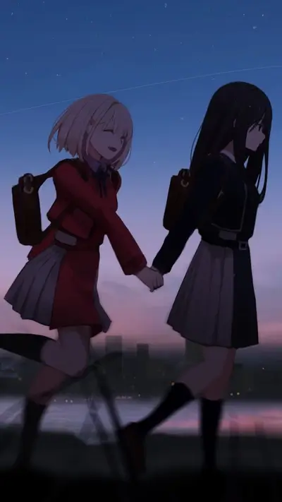 Two schoolgirls hand-in-hand running under the night sky with a city skyline backdrop