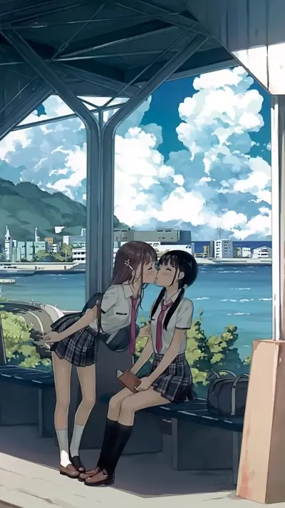 Two schoolgirls kissing at a train station