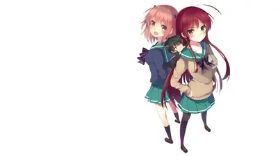 Two schoolgirls standing together in school uniforms with a chibi character