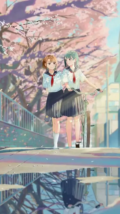 Two schoolgirls walking with a bicycle under cherry blossoms