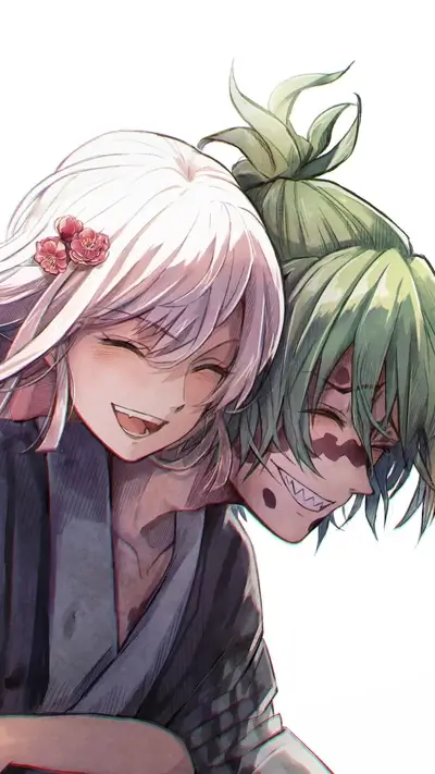 Two smiling characters embracing, showing warmth and camaraderie