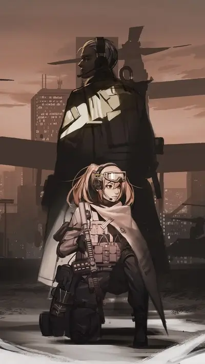 Two soldiers in futuristic city