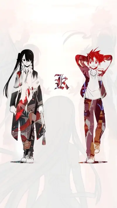 Two stylized anime characters with red and white backgrounds