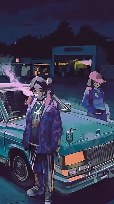 Two stylized characters posing next to a vintage car at night