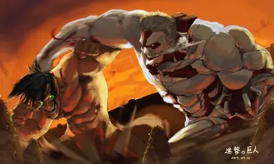 Two titans clashing fiercely, muscular and enraged, set against an orange background