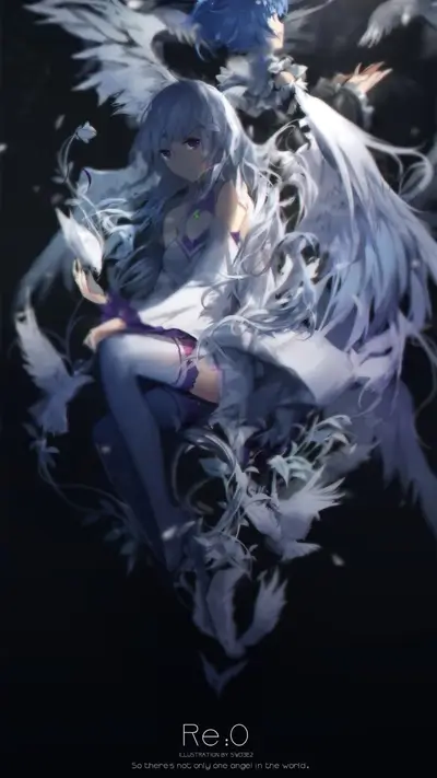 Two winged girls floating among doves