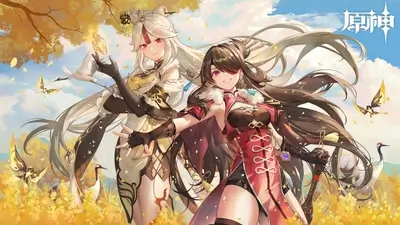 Two women with long hair standing in a field