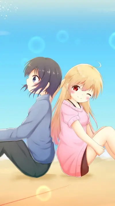 Two young anime girls, sitting back-to-back on a sandy surface.