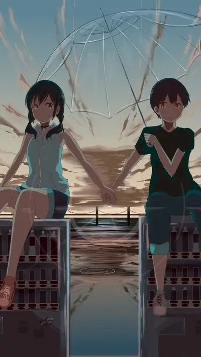 Two young figures seated near reflective water, under an umbrella, at dusk