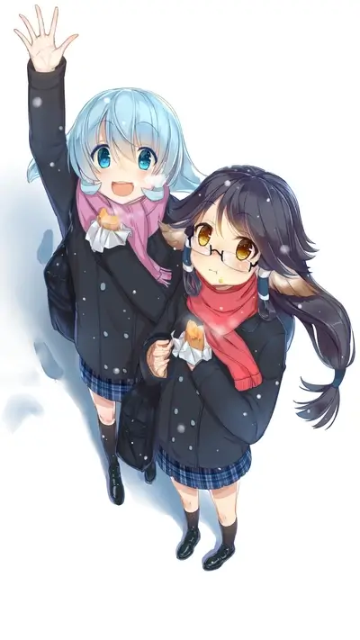 Two young girls in school uniforms eating treats in the snow