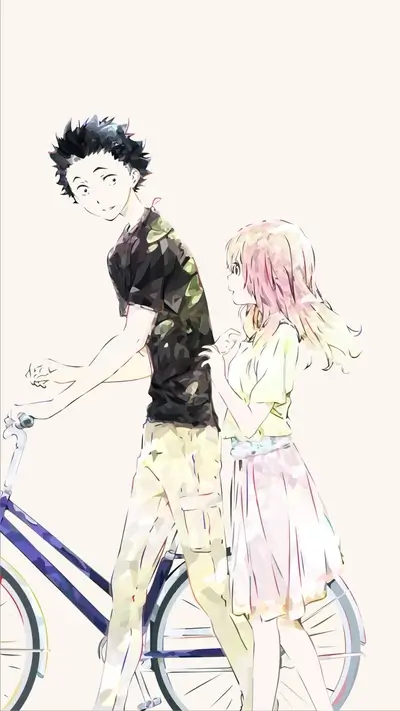 Two young people with bike, light, sketchy illustration